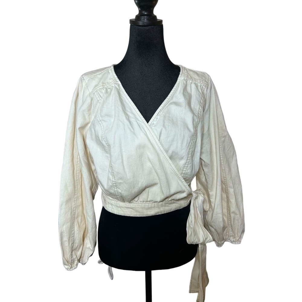 Free People Sophie Wrap Tie Waist White Denim Crop Top Balloon Sleeve Size M